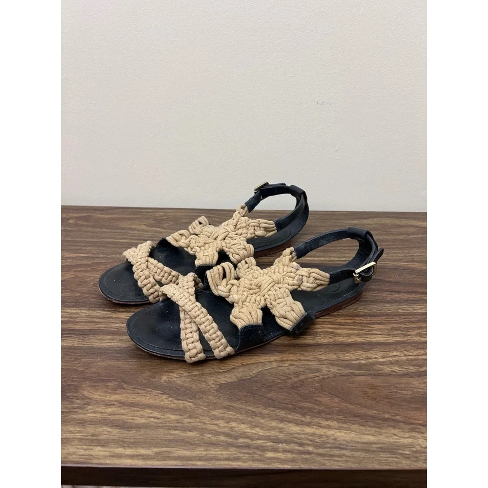 Tory Burch Black Leather Macrame Strap‎ Flat Sandals Women Size 7.5M